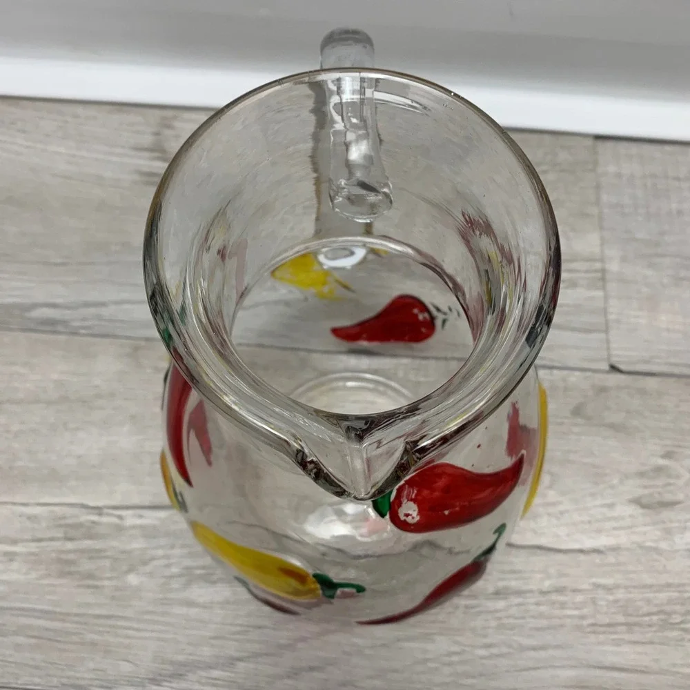 Vintage Hand Painted Chili Pepper Glass Pitcher Red Yellow Southwestern Decor